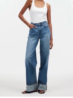 Madewell Super Wide-Leg Cuffed Jeans in Medium Blue